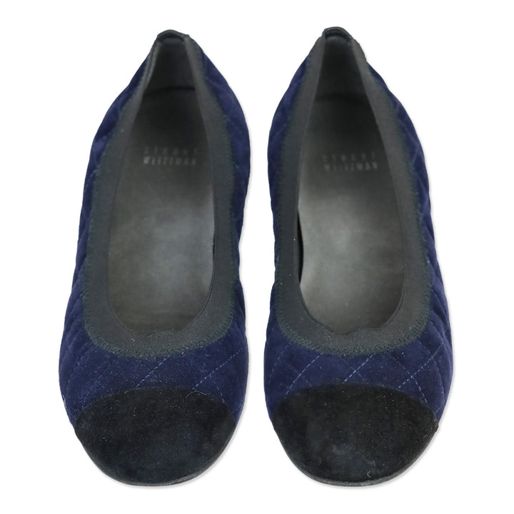 Stuart Weitzman Navy/Black Round Toe Quilted Suede Flats