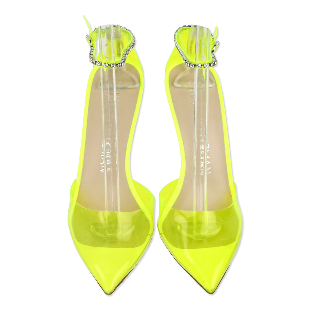 Stuart Weitzman Neon Yellow PVC/Leather Stuart Glam 100 Strap Pumps