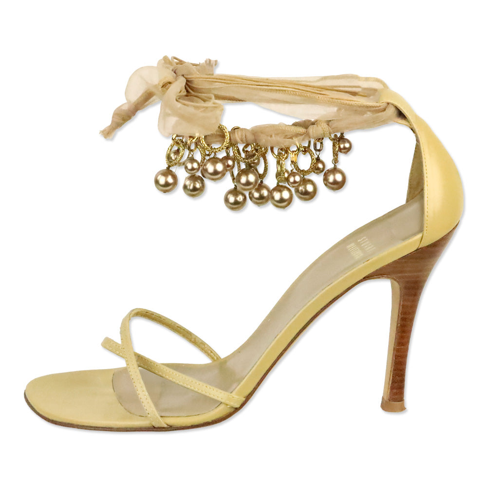 Stuart Weitzman Nude Leather Pearl and Chain Ankle-Strap Sandals