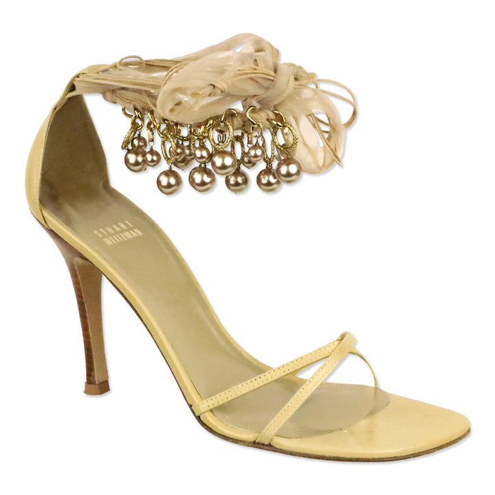Stuart Weitzman Nude Leather Pearl and Chain Ankle-Strap Sandals
