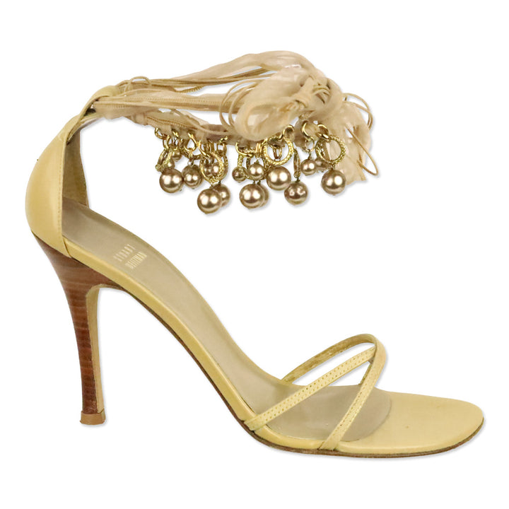 Stuart Weitzman Nude Leather Pearl and Chain Ankle-Strap Sandals
