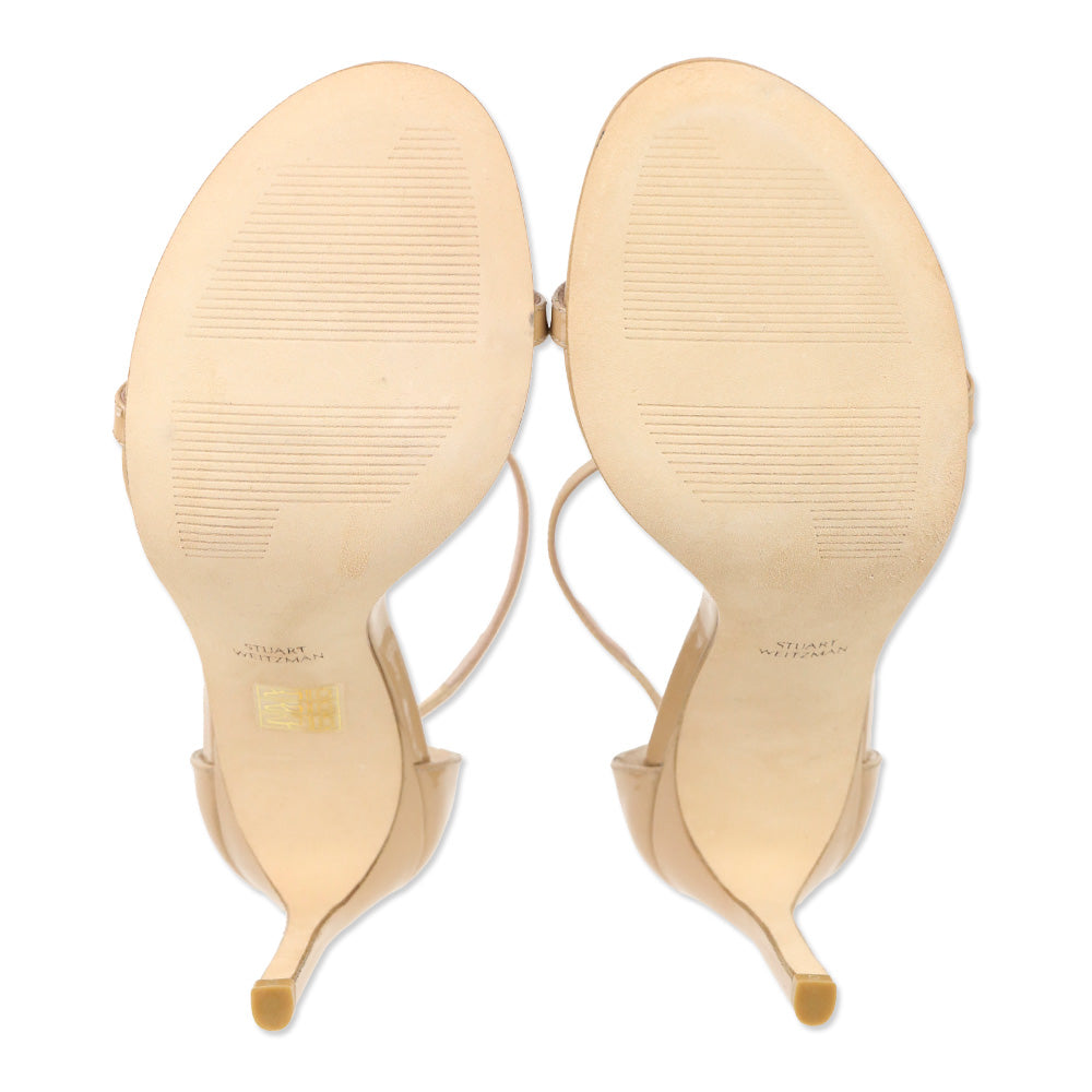 Stuart Weitzman Nudistcurve 100 Adobe Beige Patent Leather Sandal