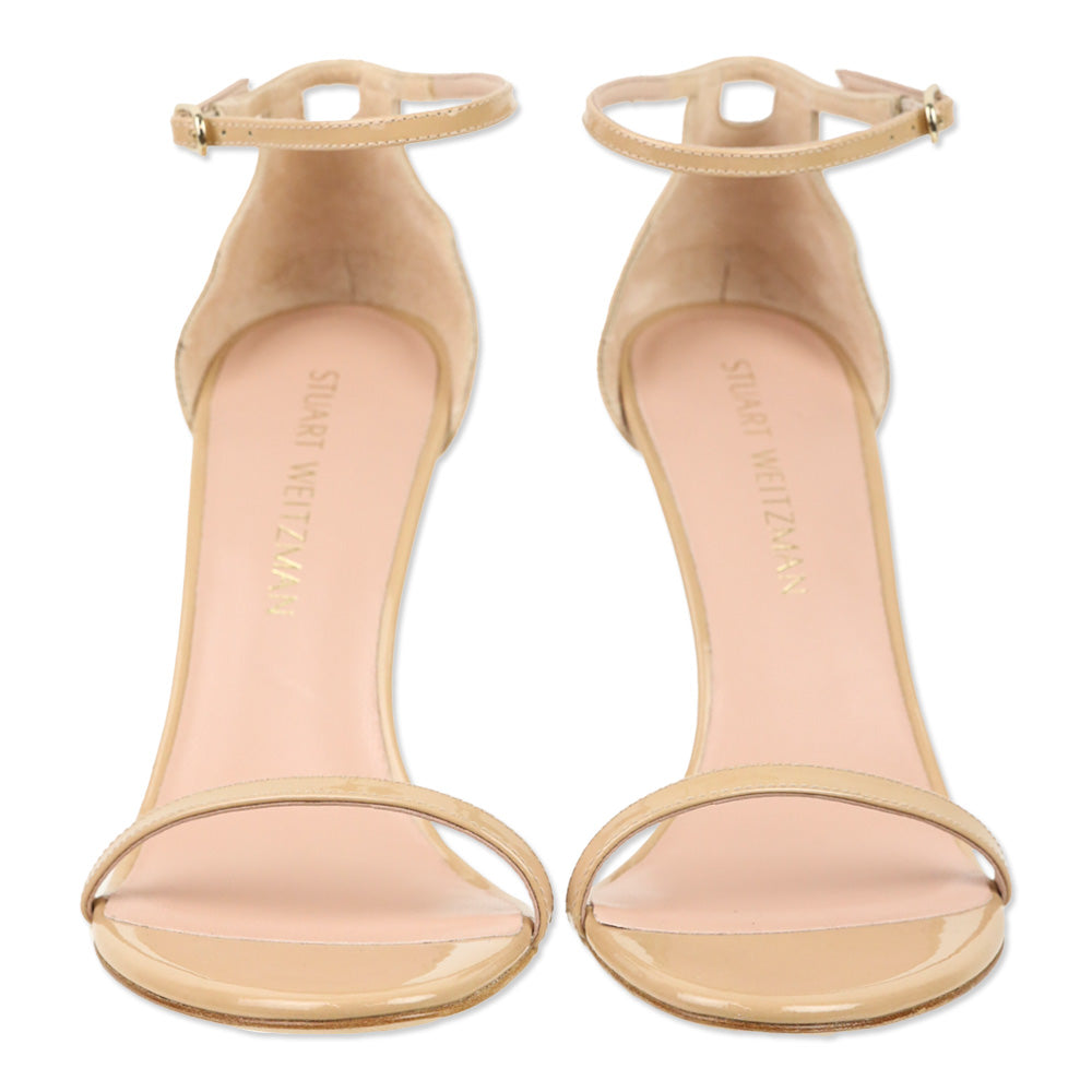 Stuart Weitzman Nudistcurve 100 Adobe Beige Patent Leather Sandal
