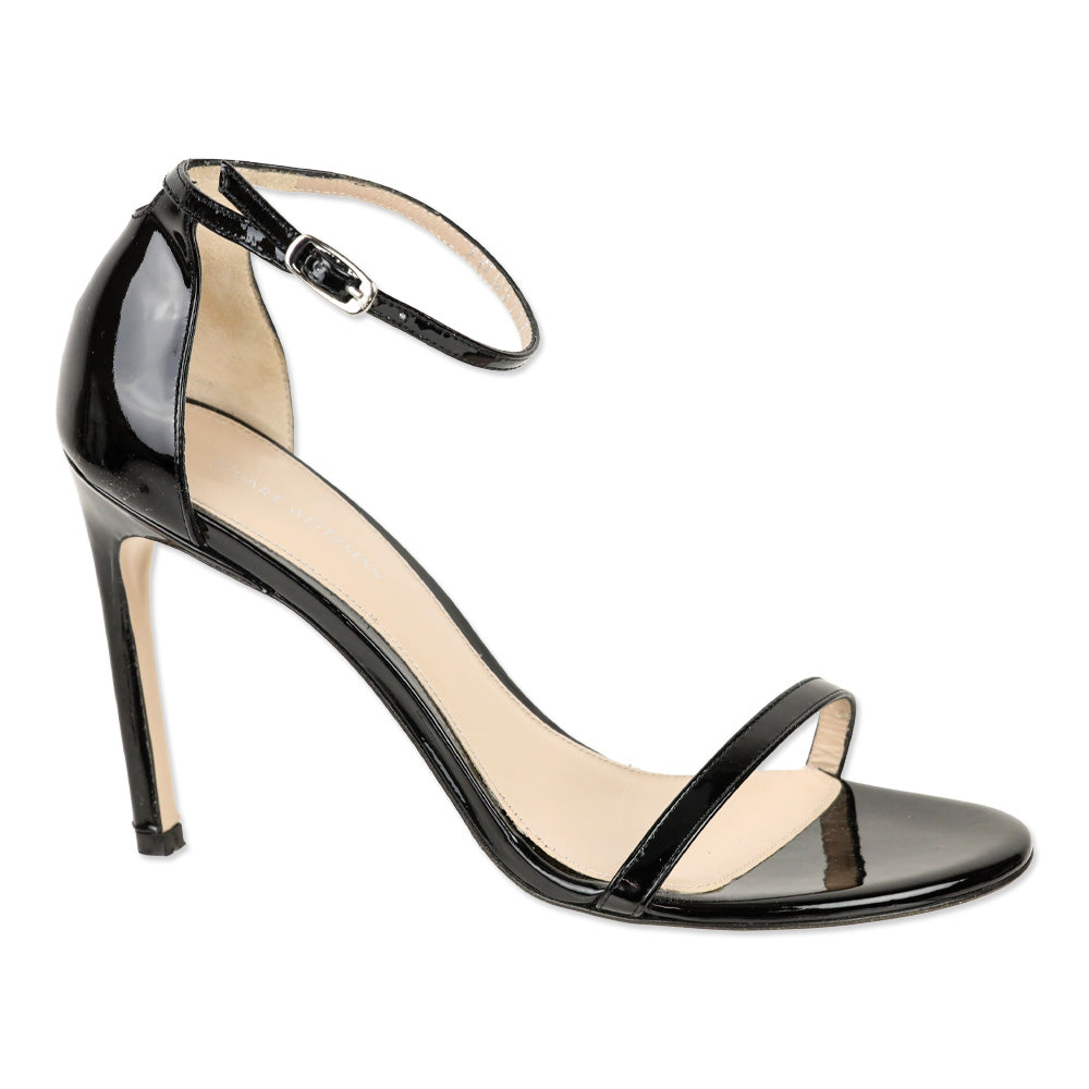 Stuart Weitzman Nudistcurve 100 Black Patent Leather Sandal