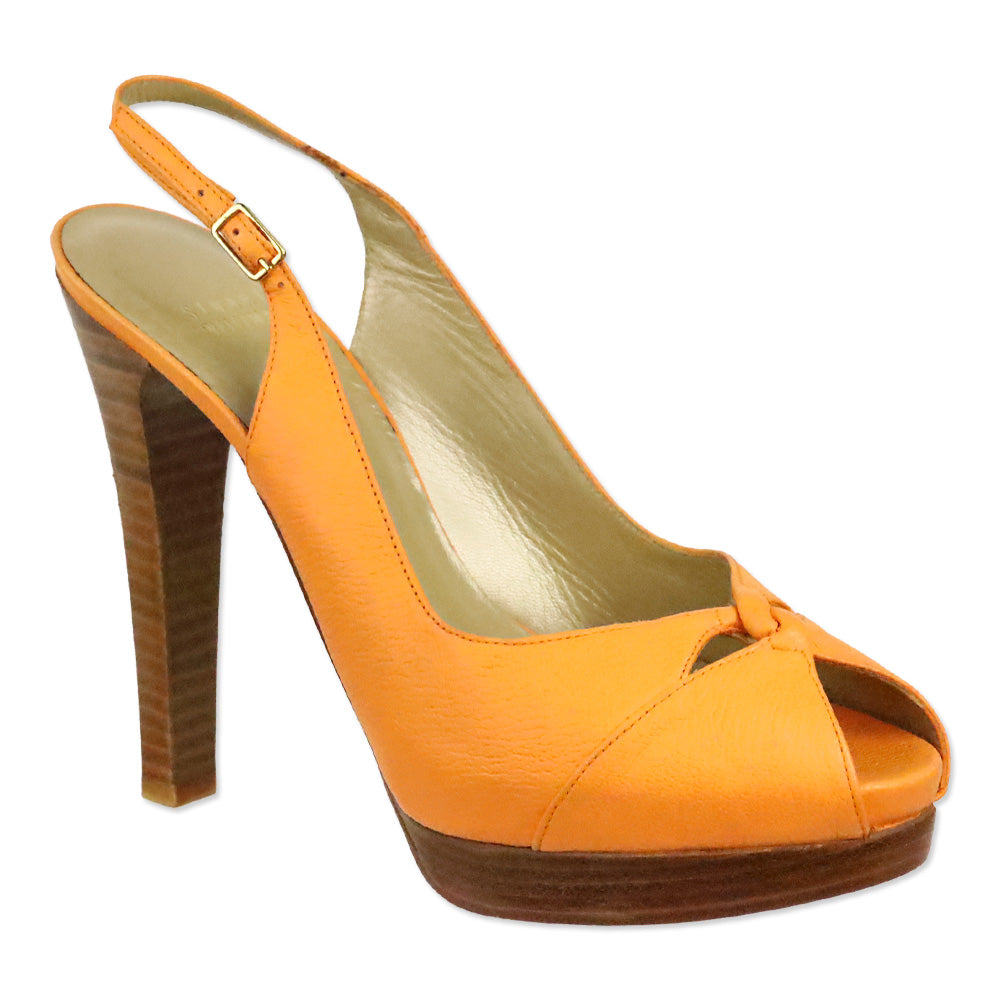 Stuart Weitzman Papaya Llama Leather Metro Peep Toe Slingback Stacked Pump