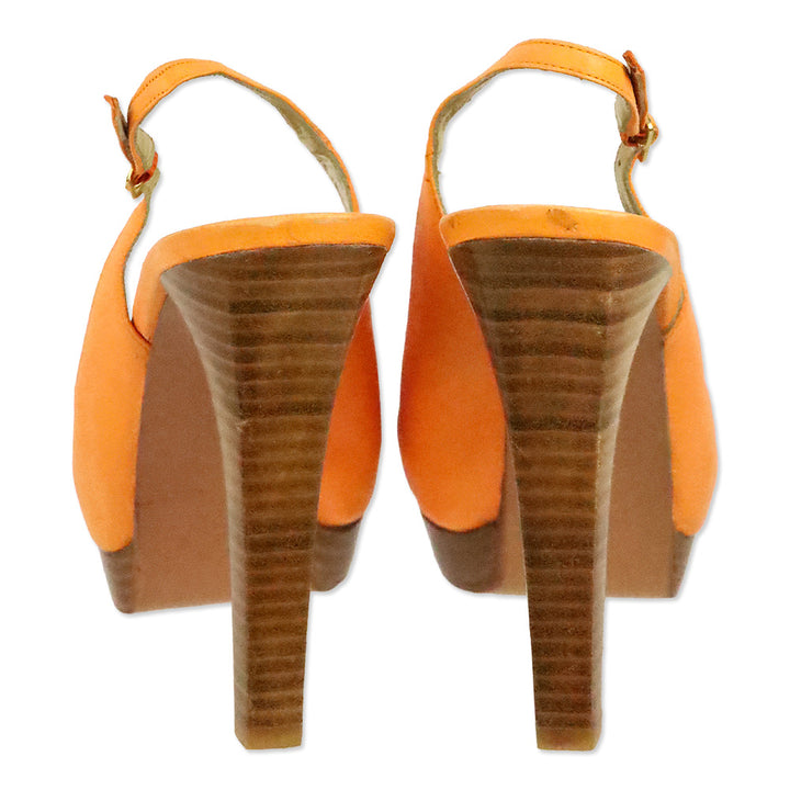 Stuart Weitzman Papaya Llama Leather Metro Peep Toe Slingback Stacked Pump