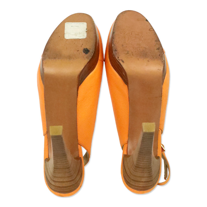 Stuart Weitzman Papaya Llama Leather Metro Peep Toe Slingback Stacked Pump