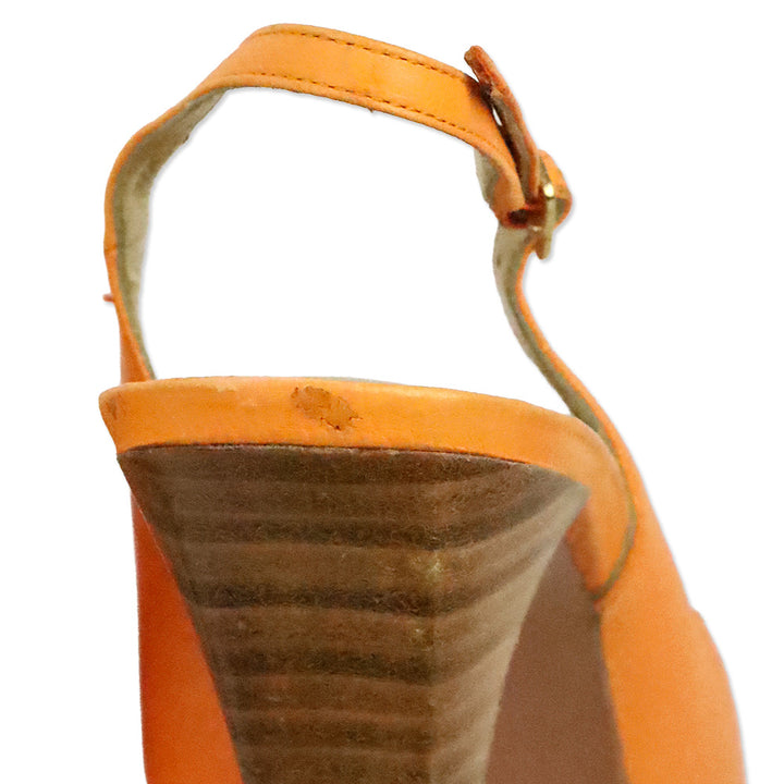Stuart Weitzman Papaya Llama Leather Metro Peep Toe Slingback Stacked Pump