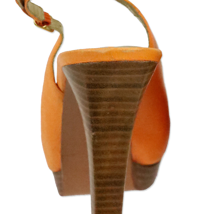 Stuart Weitzman Papaya Llama Leather Metro Peep Toe Slingback Stacked Pump