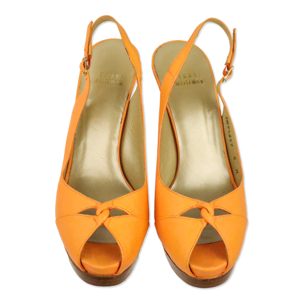 Stuart Weitzman Papaya Llama Leather Metro Peep Toe Slingback Stacked Pump
