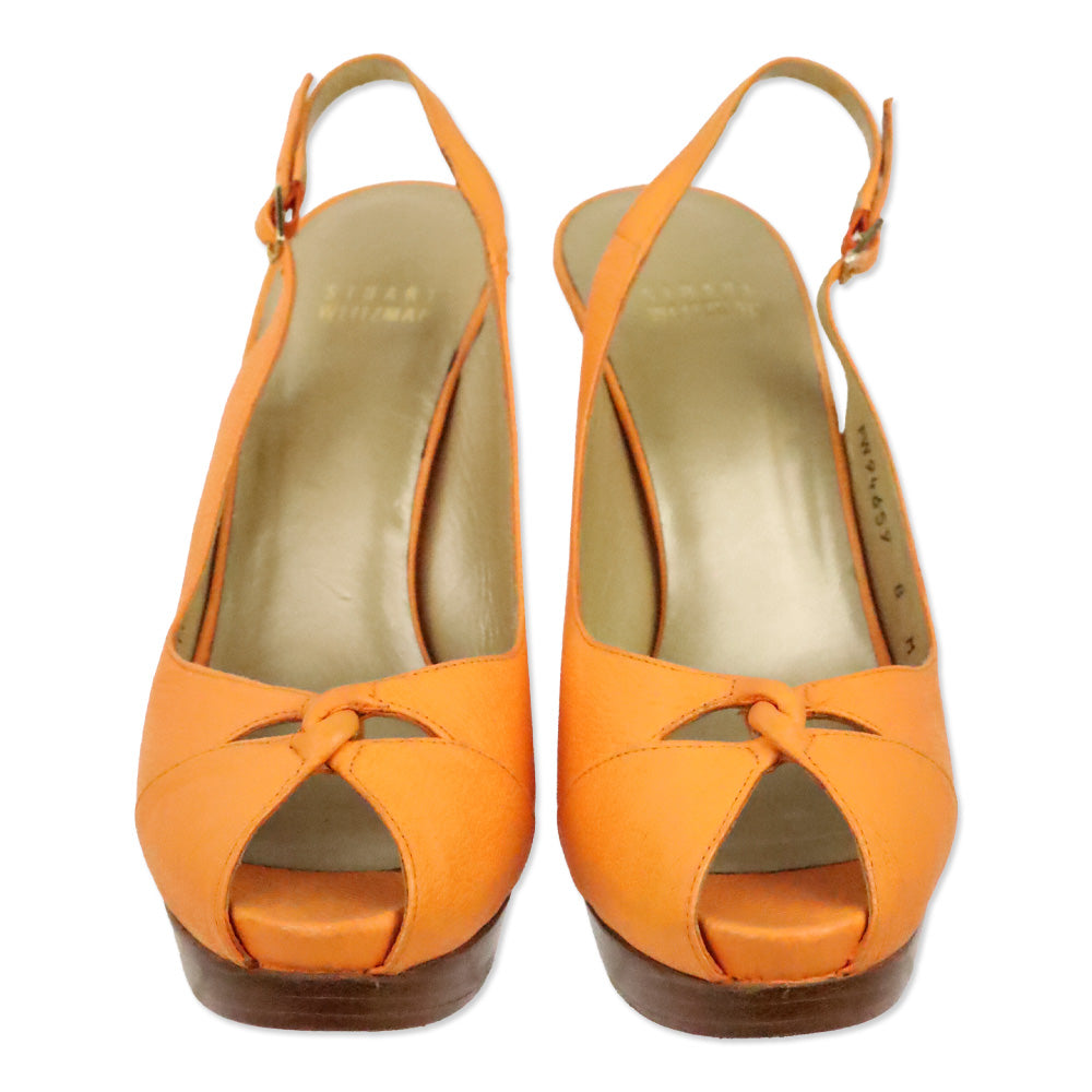 Stuart Weitzman Papaya Llama Leather Metro Peep Toe Slingback Stacked Pump