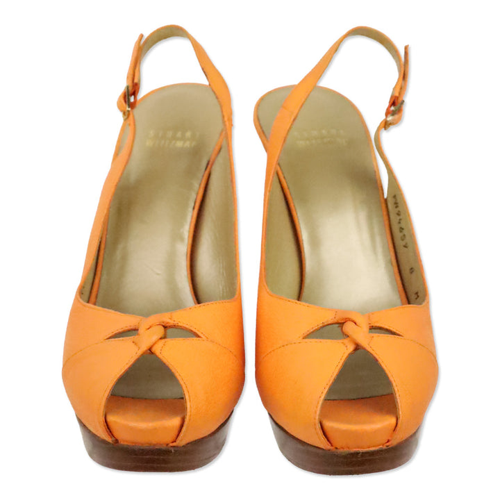 Stuart Weitzman Papaya Llama Leather Metro Peep Toe Slingback Stacked Pump