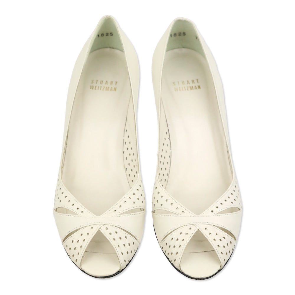 Stuart Weitzman Piccerelli White Perforated Peep Toe Pumps