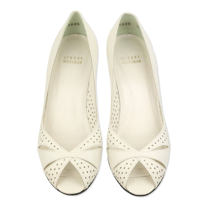 Stuart Weitzman Piccerelli White Perforated Peep Toe Pumps