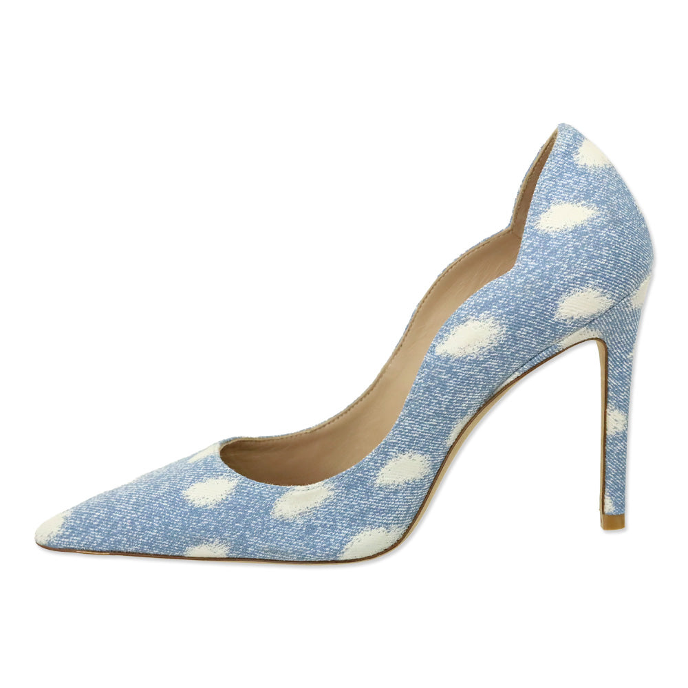 Stuart Weitzman Polka Dot Denim Stuart 100 Scallop Pump
