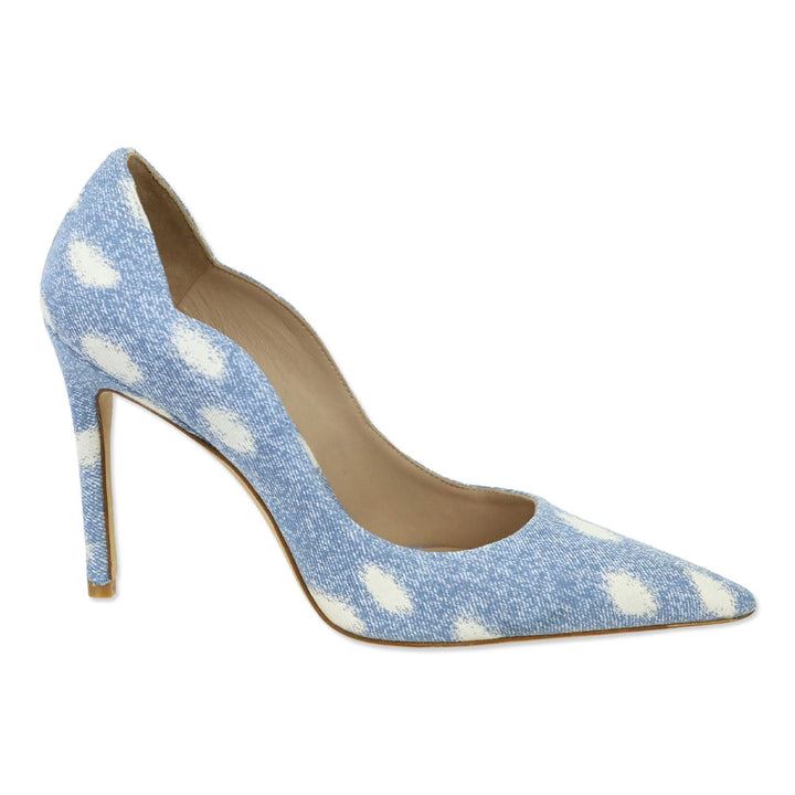 Stuart Weitzman Polka Dot Denim Stuart 100 Scallop Pump