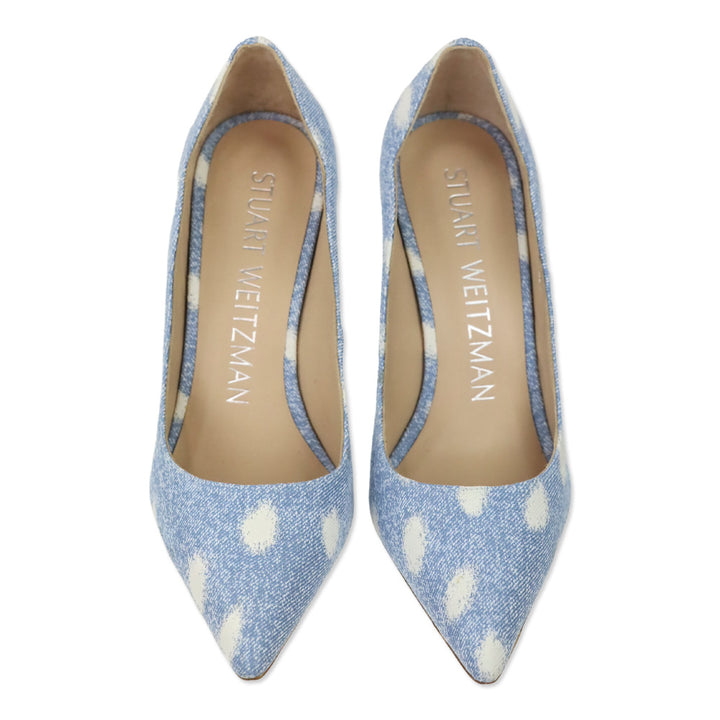 Stuart Weitzman Polka Dot Denim Stuart 100 Scallop Pump