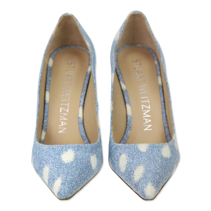 Stuart Weitzman Polka Dot Denim Stuart 100 Scallop Pump