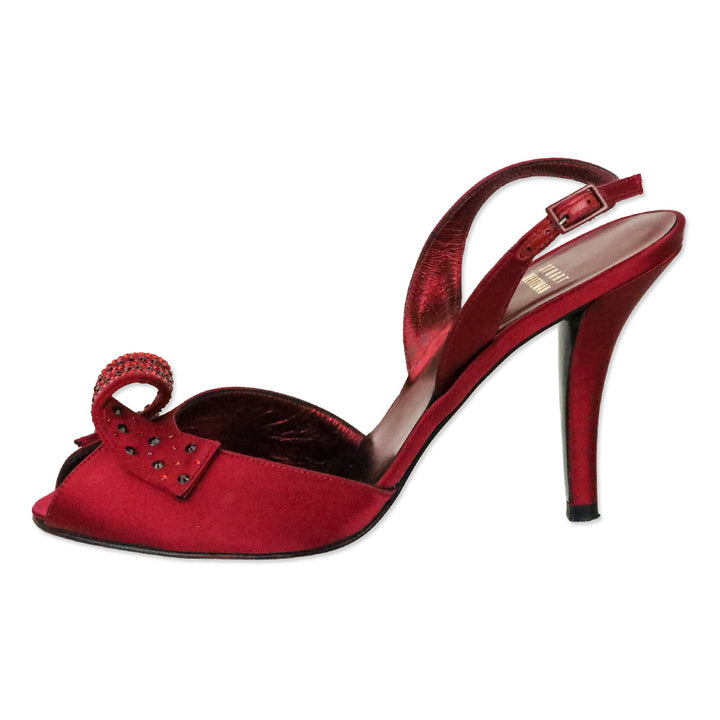 Stuart Weitzman Red Satin Curlique Rhinestone Slingback Pump