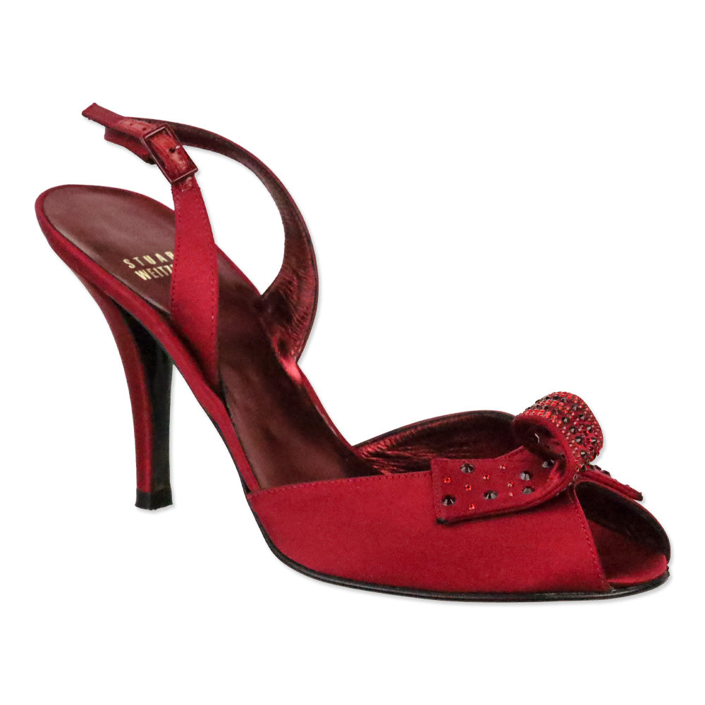 Stuart Weitzman Red Satin Curlique Rhinestone Slingback Pump