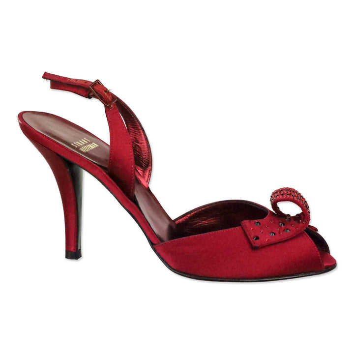 Stuart Weitzman Red Satin Curlique Rhinestone Slingback Pump
