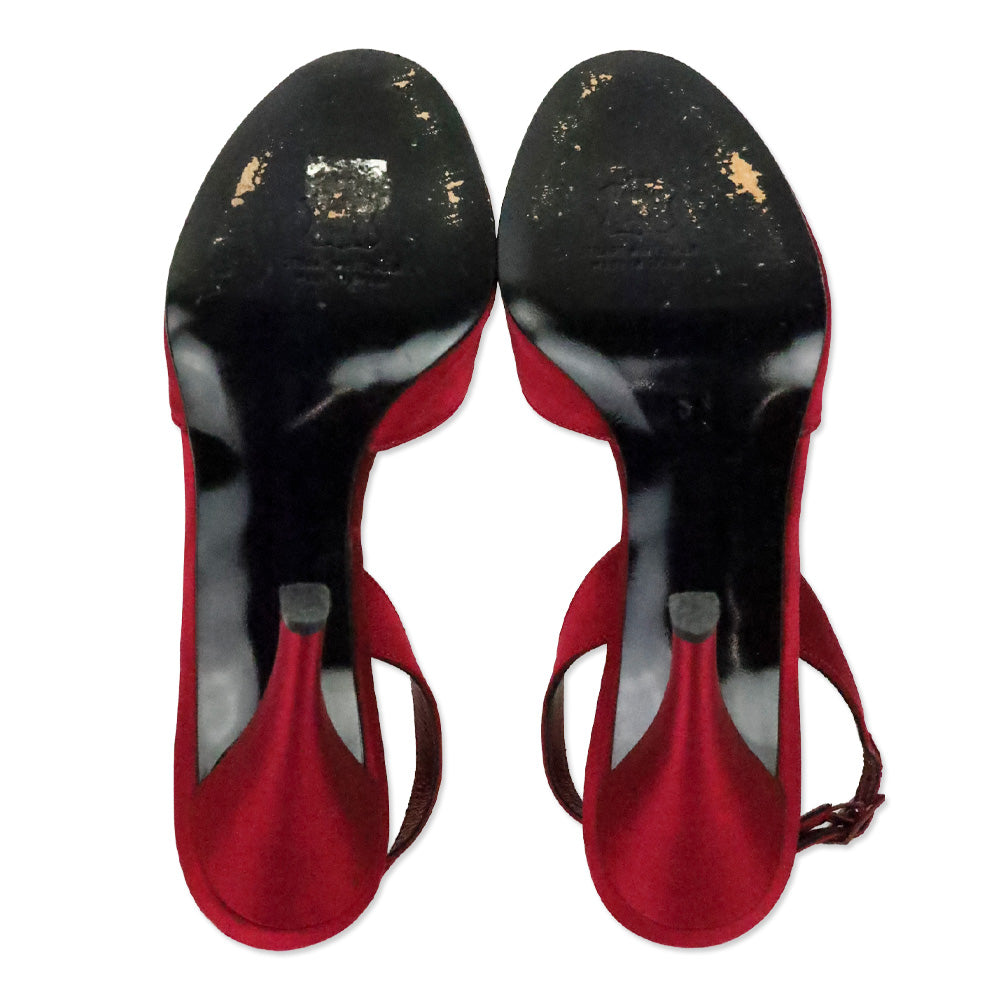 Stuart Weitzman Red Satin Curlique Rhinestone Slingback Pump