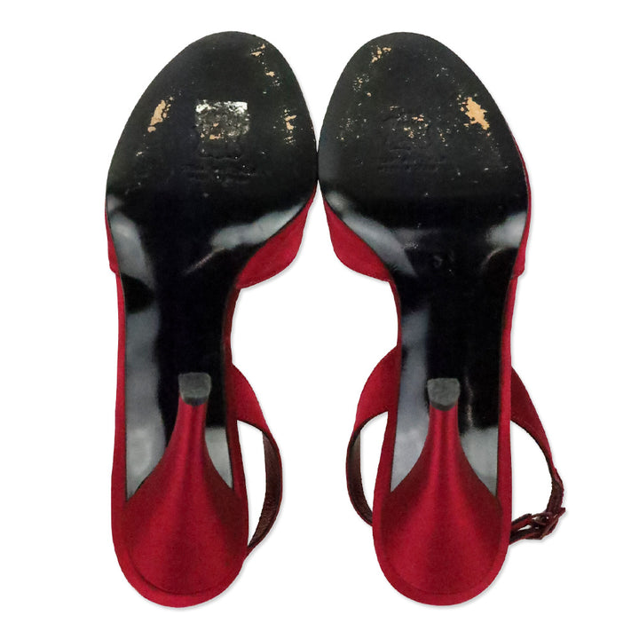 Stuart Weitzman Red Satin Curlique Rhinestone Slingback Pump