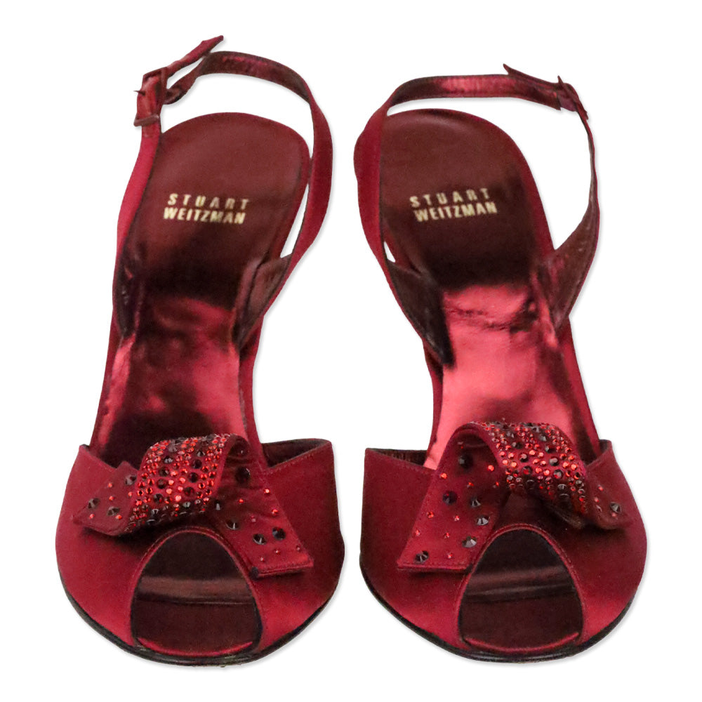 Stuart Weitzman Red Satin Curlique Rhinestone Slingback Pump