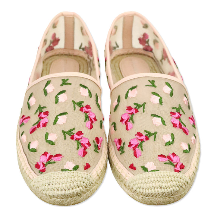 Stuart Weitzman Rosewater Embroidered Mesh Bareitall Espadrille