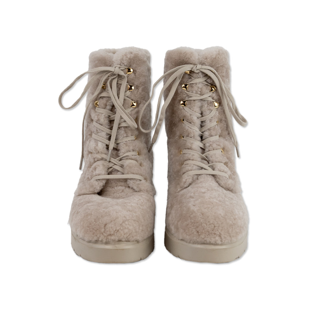 Stuart Weitzman Round Toe Gray Faux Fur Combat Boots