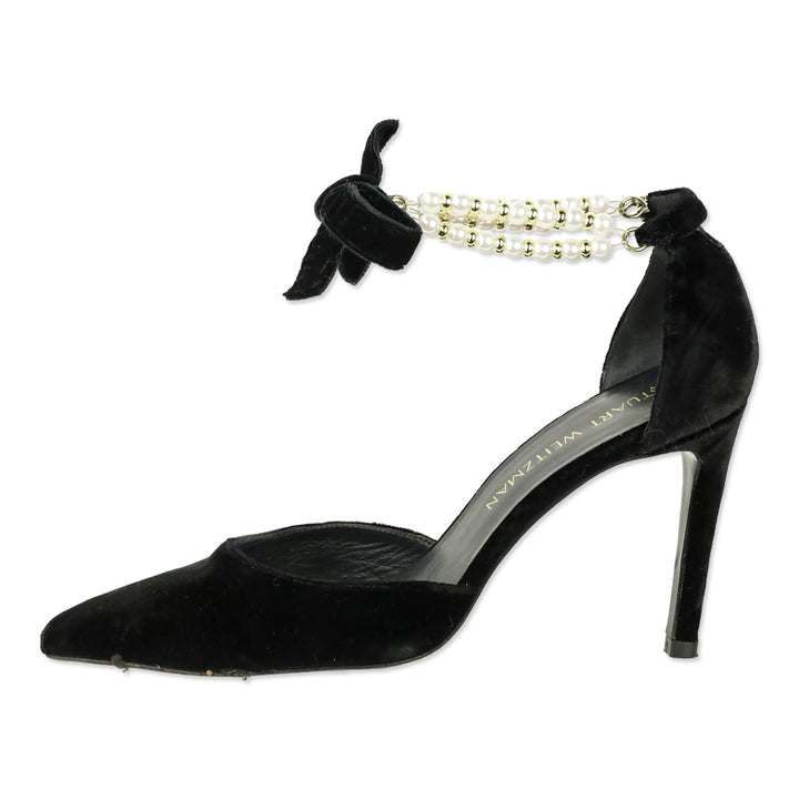Stuart Weitzman Suselle Faux Pearl Anklet Black Velvet D'Orsay Pumps