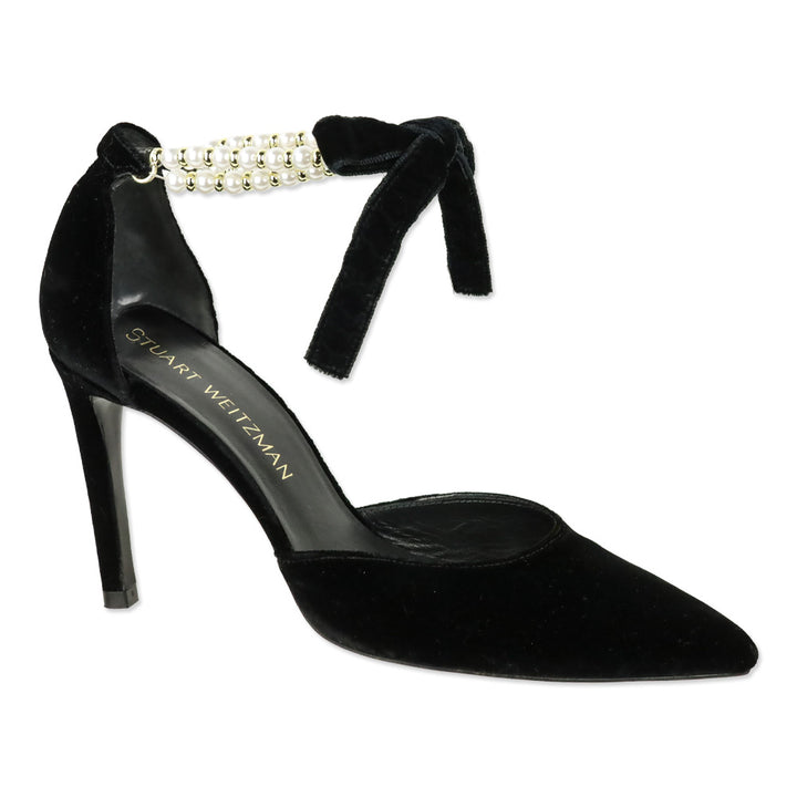 Stuart Weitzman Suselle Faux Pearl Anklet Black Velvet D'Orsay Pumps