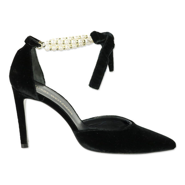 Stuart Weitzman Suselle Faux Pearl Anklet Black Velvet D'Orsay Pumps