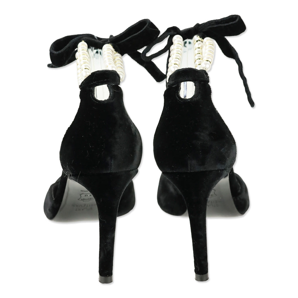 Stuart Weitzman Suselle Faux Pearl Anklet Black Velvet D'Orsay Pumps