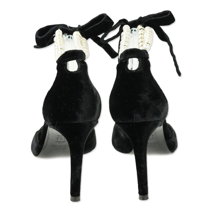Stuart Weitzman Suselle Faux Pearl Anklet Black Velvet D'Orsay Pumps