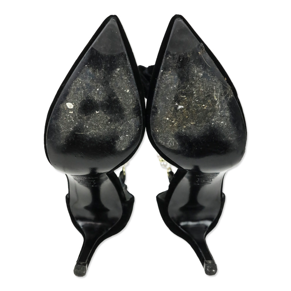 Stuart Weitzman Suselle Faux Pearl Anklet Black Velvet D'Orsay Pumps