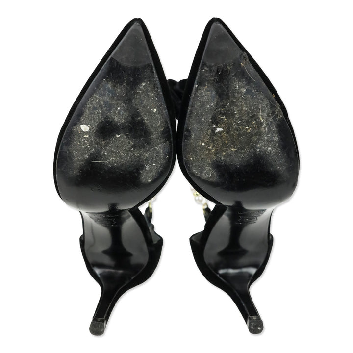 Stuart Weitzman Suselle Faux Pearl Anklet Black Velvet D'Orsay Pumps