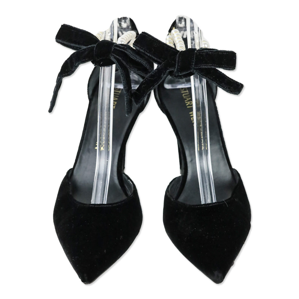 Stuart Weitzman Suselle Faux Pearl Anklet Black Velvet D'Orsay Pumps