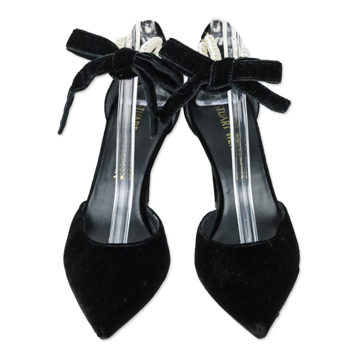 Stuart Weitzman Suselle Faux Pearl Anklet Black Velvet D'Orsay Pumps