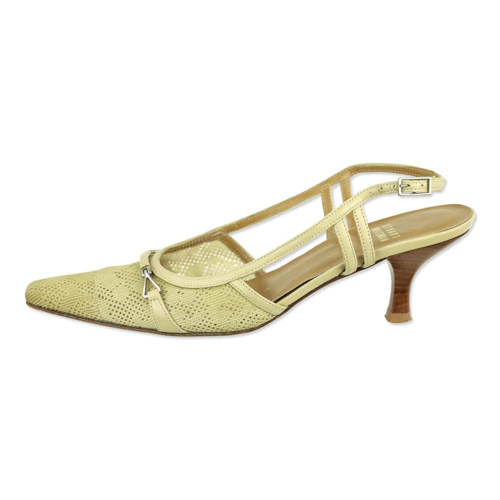 Stuart Weitzman Tan Pointelle Knit Leather Trim Slingback Pumps
