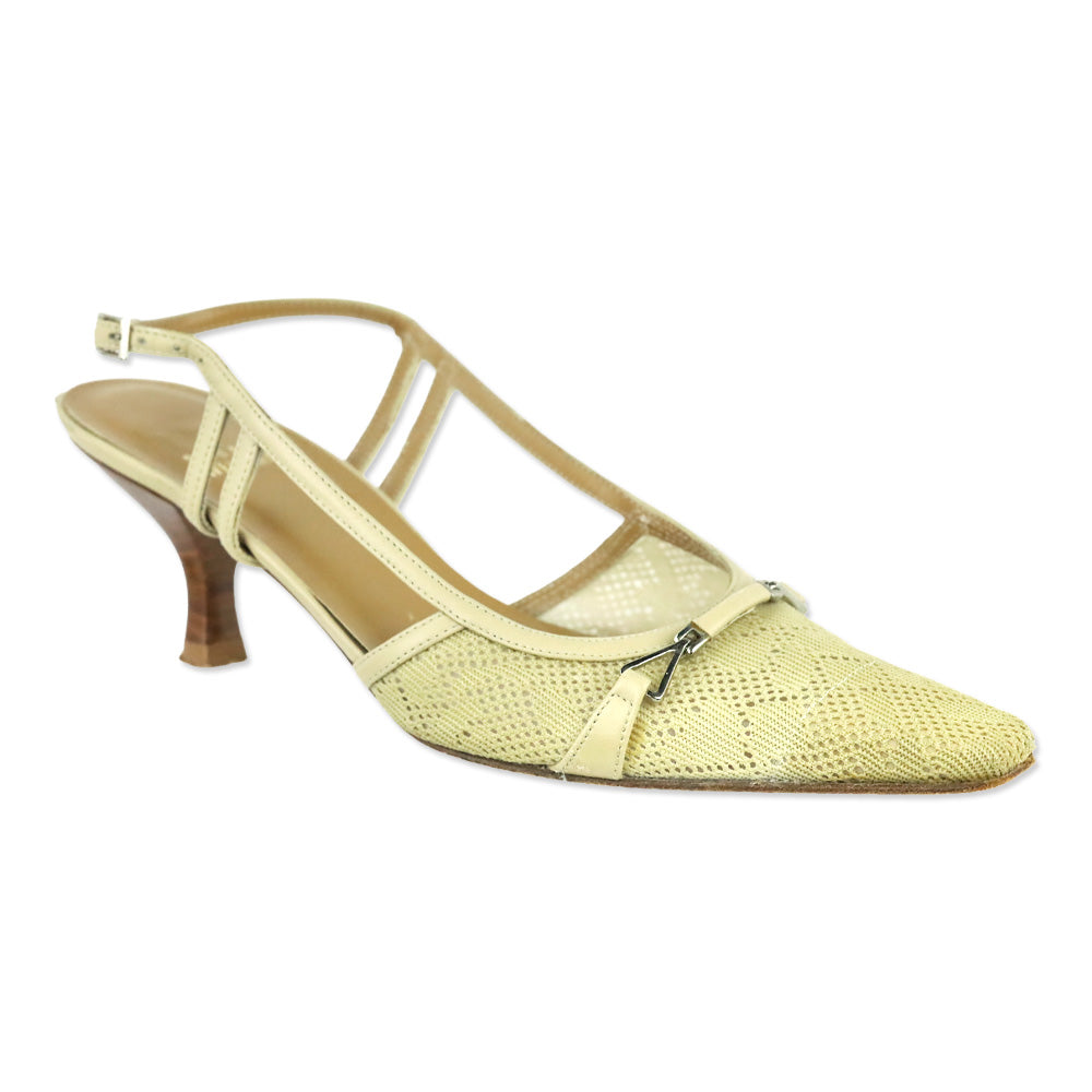 Stuart Weitzman Tan Pointelle Knit Leather Trim Slingback Pumps