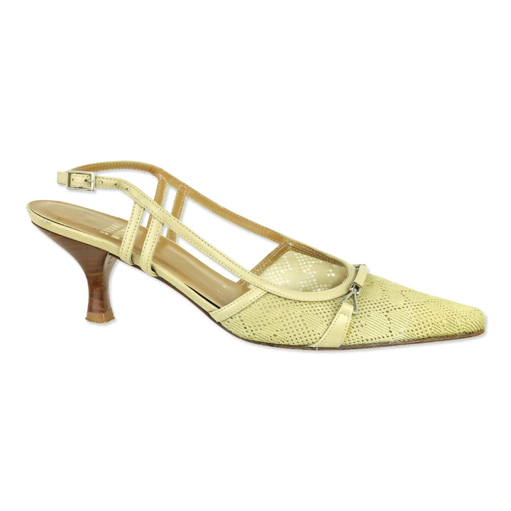 Stuart Weitzman Tan Pointelle Knit Leather Trim Slingback Pumps