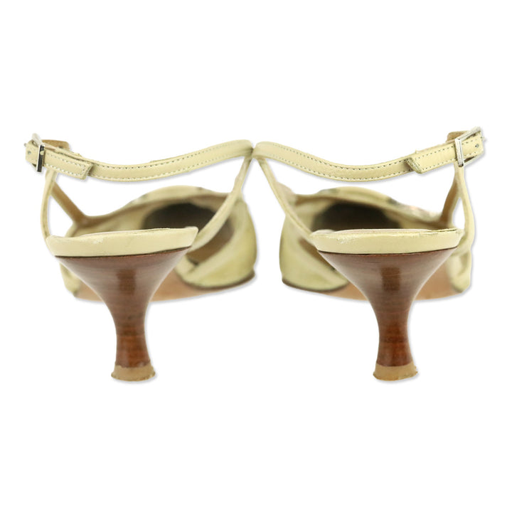 Stuart Weitzman Tan Pointelle Knit Leather Trim Slingback Pumps