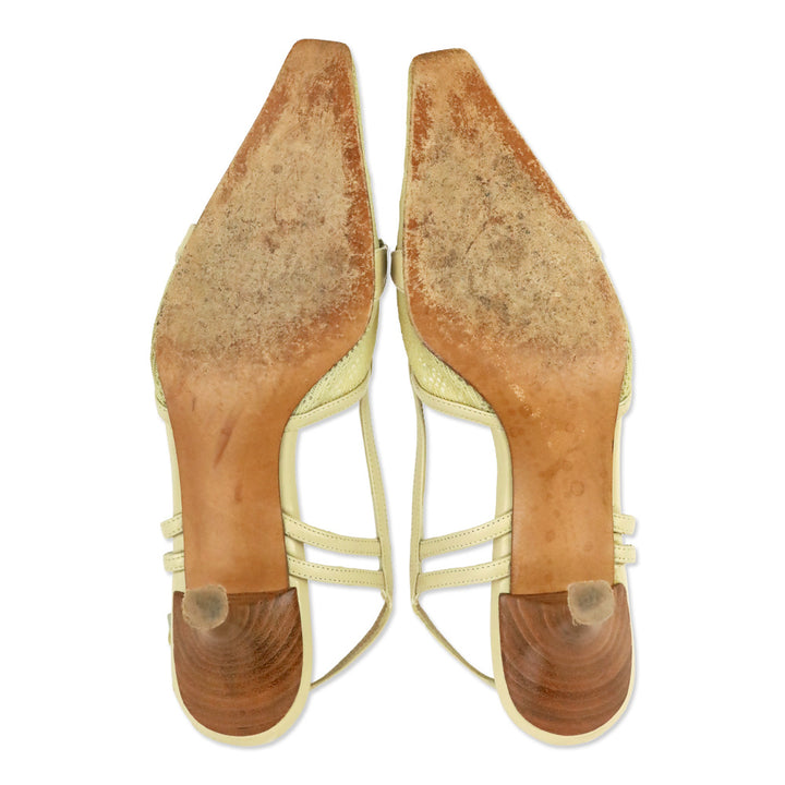 Stuart Weitzman Tan Pointelle Knit Leather Trim Slingback Pumps