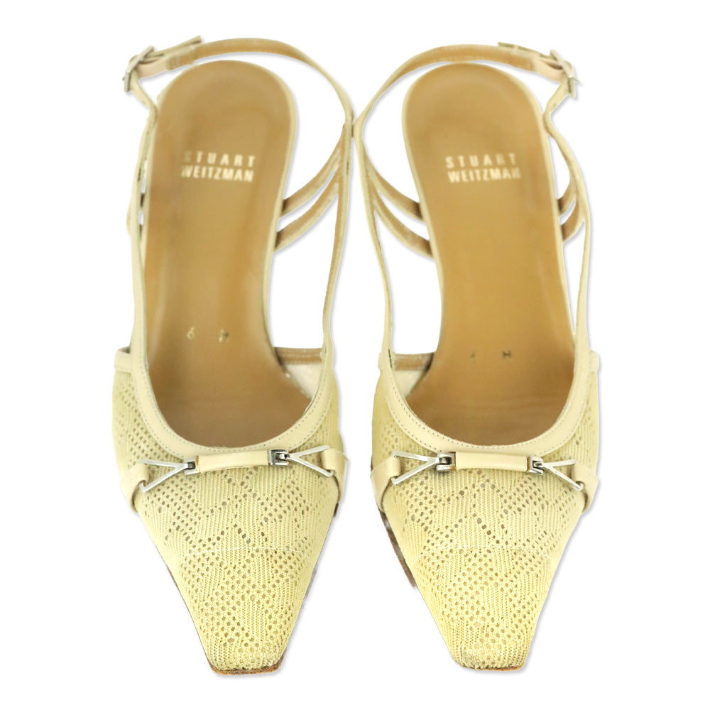 Stuart Weitzman Tan Pointelle Knit Leather Trim Slingback Pumps
