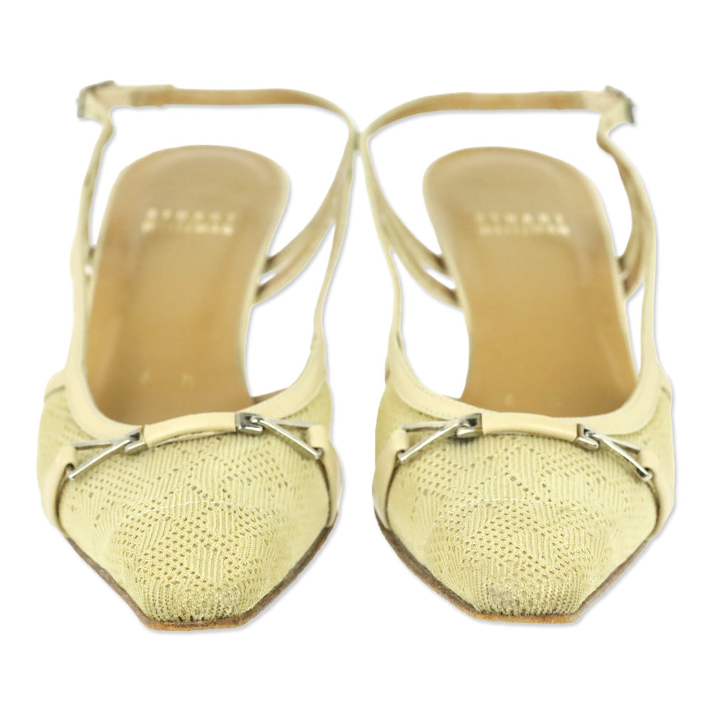 Stuart Weitzman Tan Pointelle Knit Leather Trim Slingback Pumps