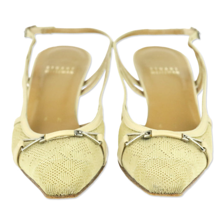 Stuart Weitzman Tan Pointelle Knit Leather Trim Slingback Pumps