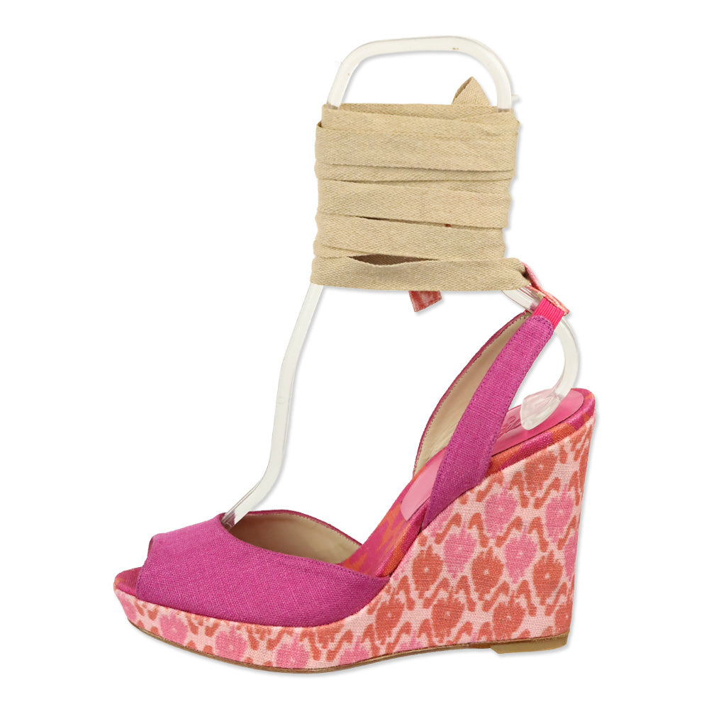 Stuart Weitzman Theodora & Callum Pink Linen Batik Paisano Wedge Sandals