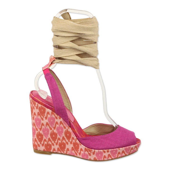 Stuart Weitzman Theodora & Callum Pink Linen Batik Paisano Wedge Sandals