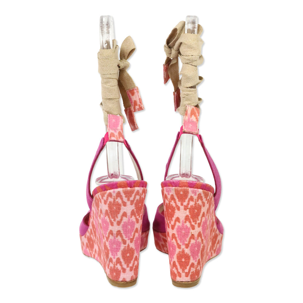 Stuart Weitzman Theodora & Callum Pink Linen Batik Paisano Wedge Sandals